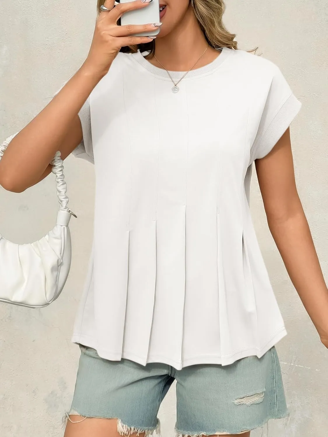 Cicy Bell Womens Summer Peplum Blouse Casual Dressy Cap Sleeve Pleated Tops Ribbed Knit Crew Neck Shirts