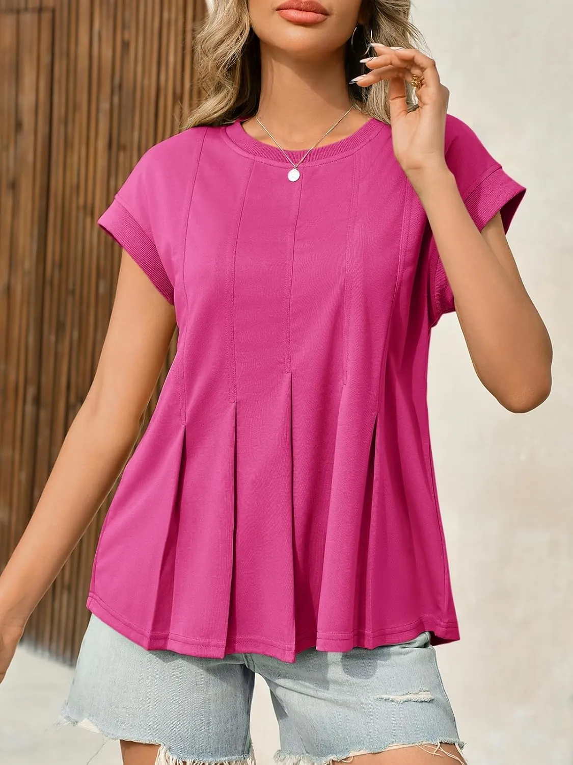 Cicy Bell Womens Summer Peplum Blouse Casual Dressy Cap Sleeve Pleated Tops Ribbed Knit Crew Neck Shirts