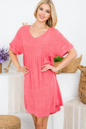 CORAL V-NECK FOLD SLEEVE BABY DOLL DRESS