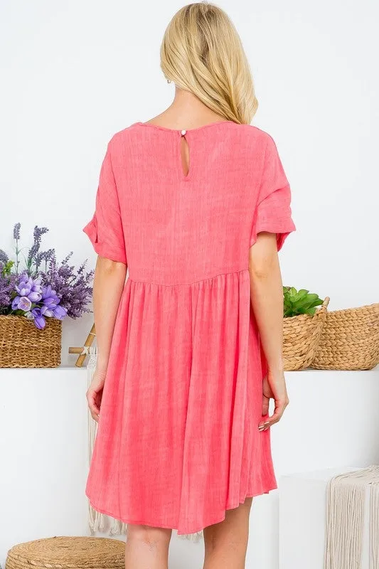 CORAL V-NECK FOLD SLEEVE BABY DOLL DRESS