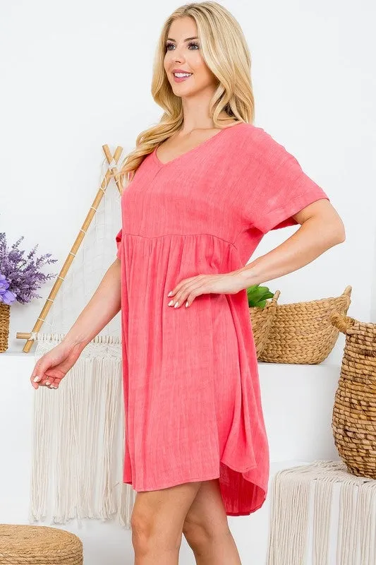CORAL V-NECK FOLD SLEEVE BABY DOLL DRESS