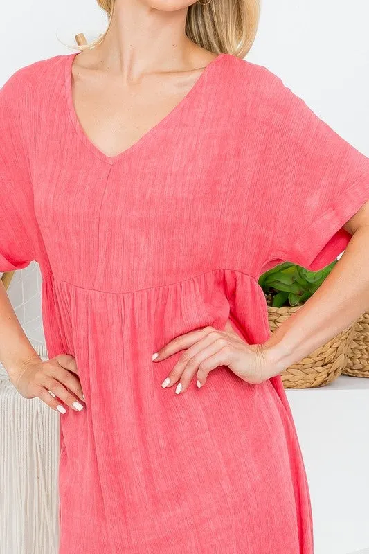 CORAL V-NECK FOLD SLEEVE BABY DOLL DRESS