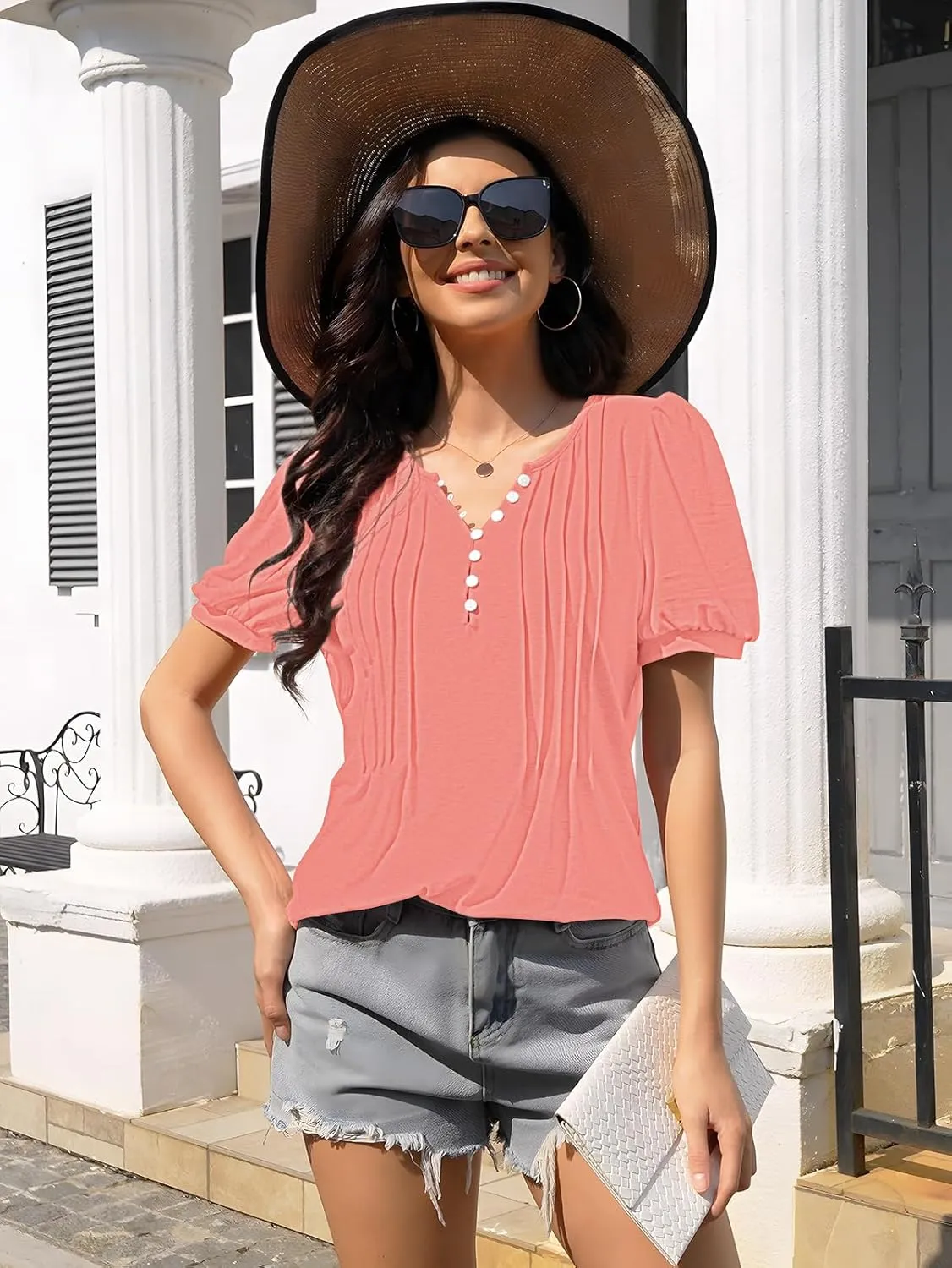 ETCYY Womens Shirts Dressy Casual Short Sleeve 2025 Summer Tops Spring V Neck Button Down Pleated Ladies Tunic Blouses