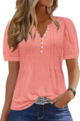 ETCYY Womens Shirts Dressy Casual Short Sleeve 2025 Summer Tops Spring V Neck Button Down Pleated Ladies Tunic Blouses