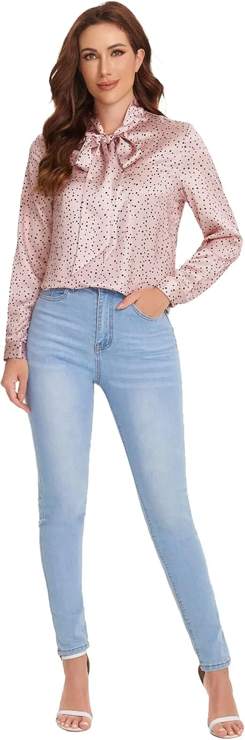 Floerns Women's Printed Bow Tied Neck Lantern Long Sleeve Workwear Shirts Blouse