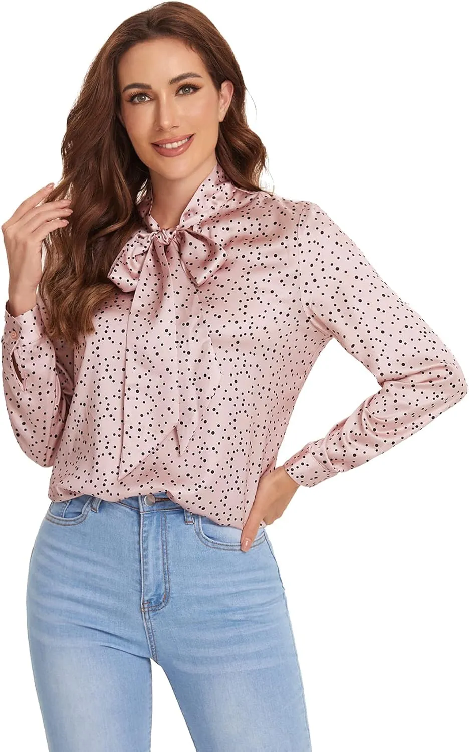 Floerns Women's Printed Bow Tied Neck Lantern Long Sleeve Workwear Shirts Blouse