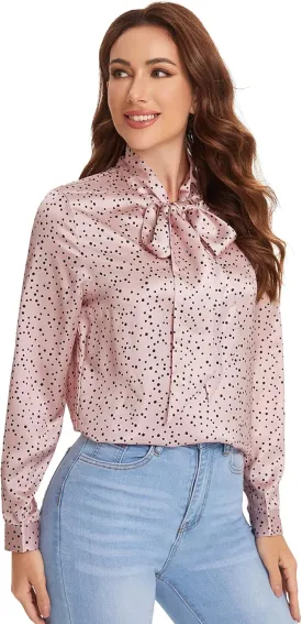 Floerns Women's Printed Bow Tied Neck Lantern Long Sleeve Workwear Shirts Blouse