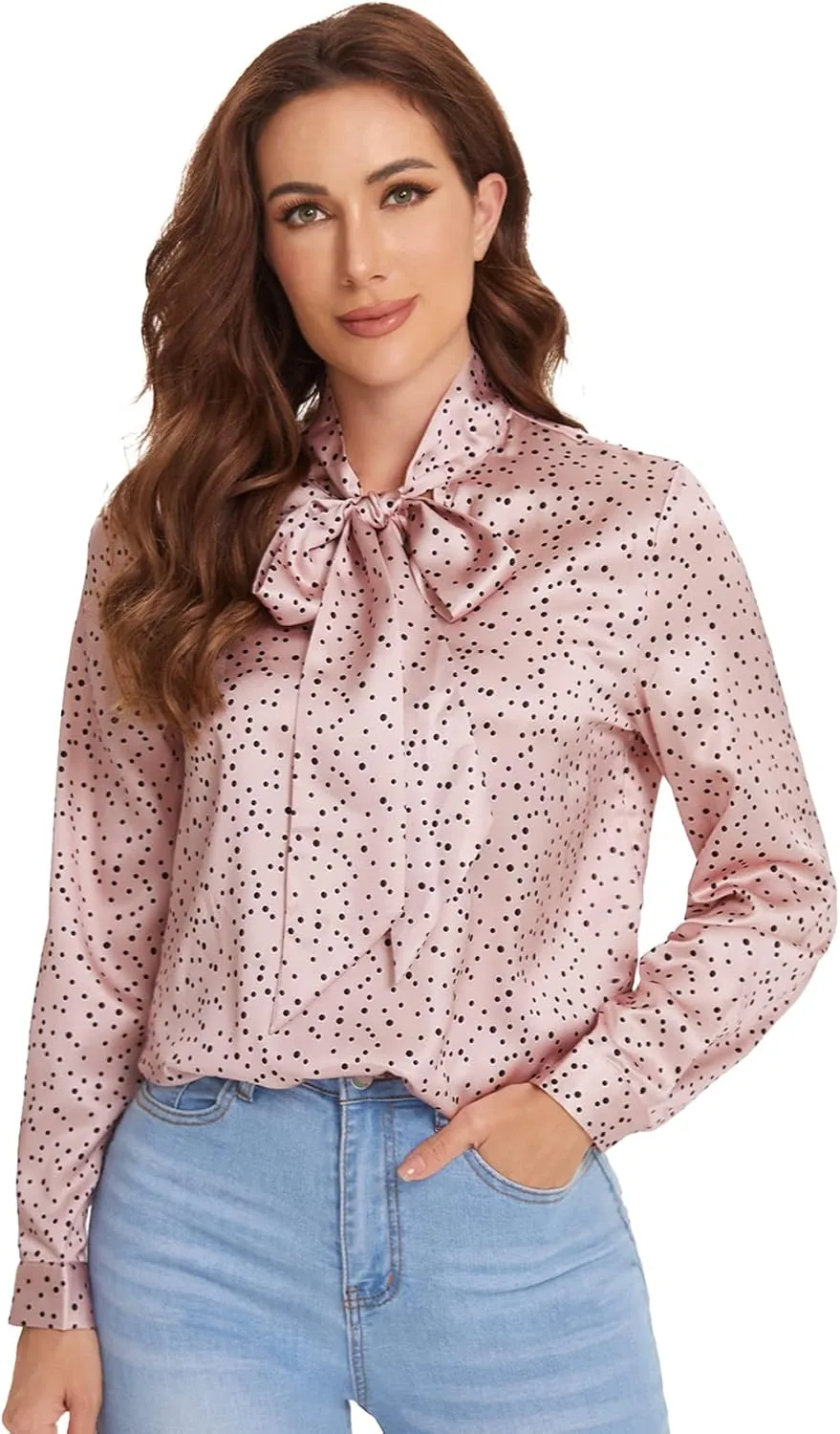 Floerns Women's Printed Bow Tied Neck Lantern Long Sleeve Workwear Shirts Blouse