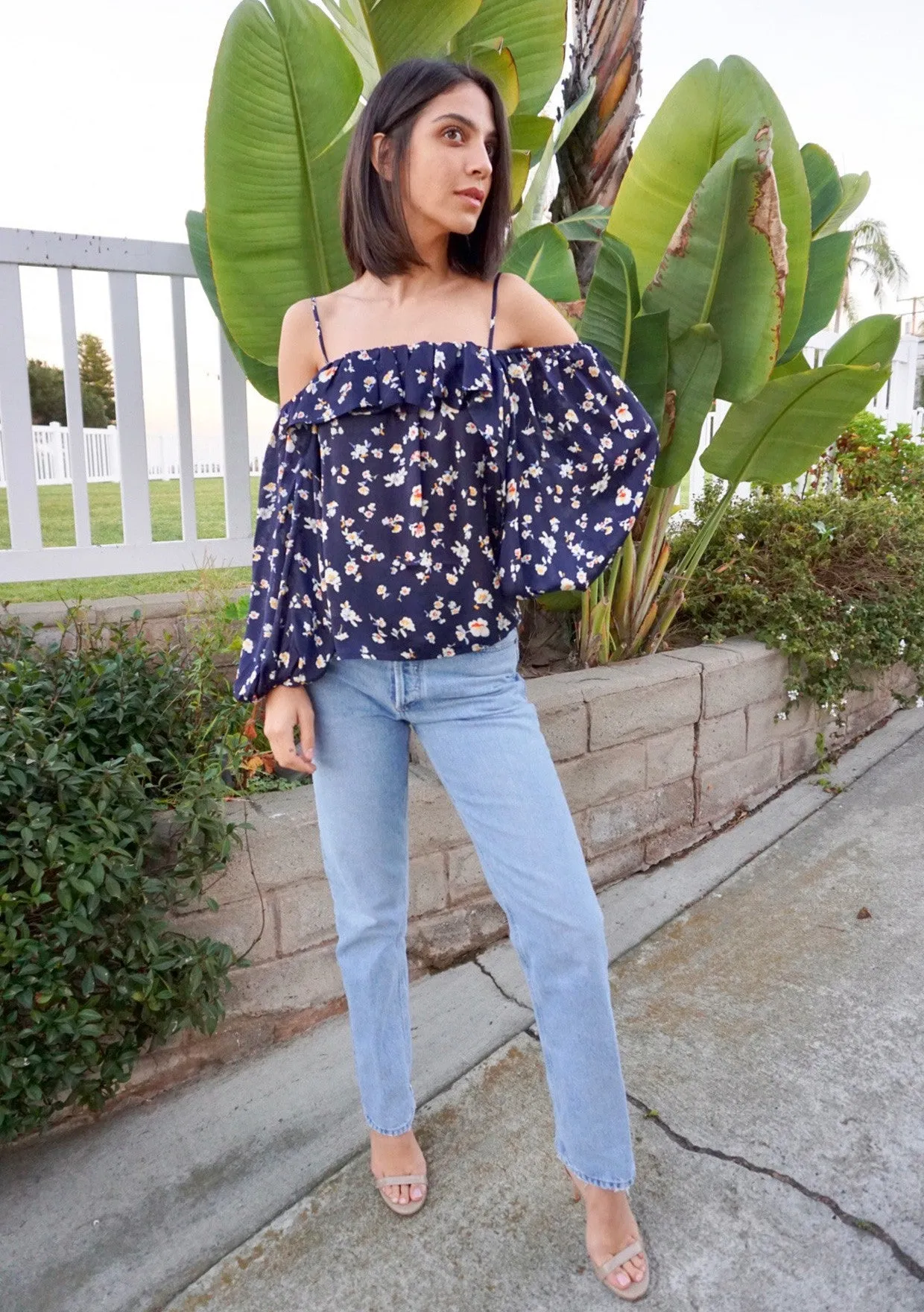 Floral Ruffle Cold Shoulder Flowy Top