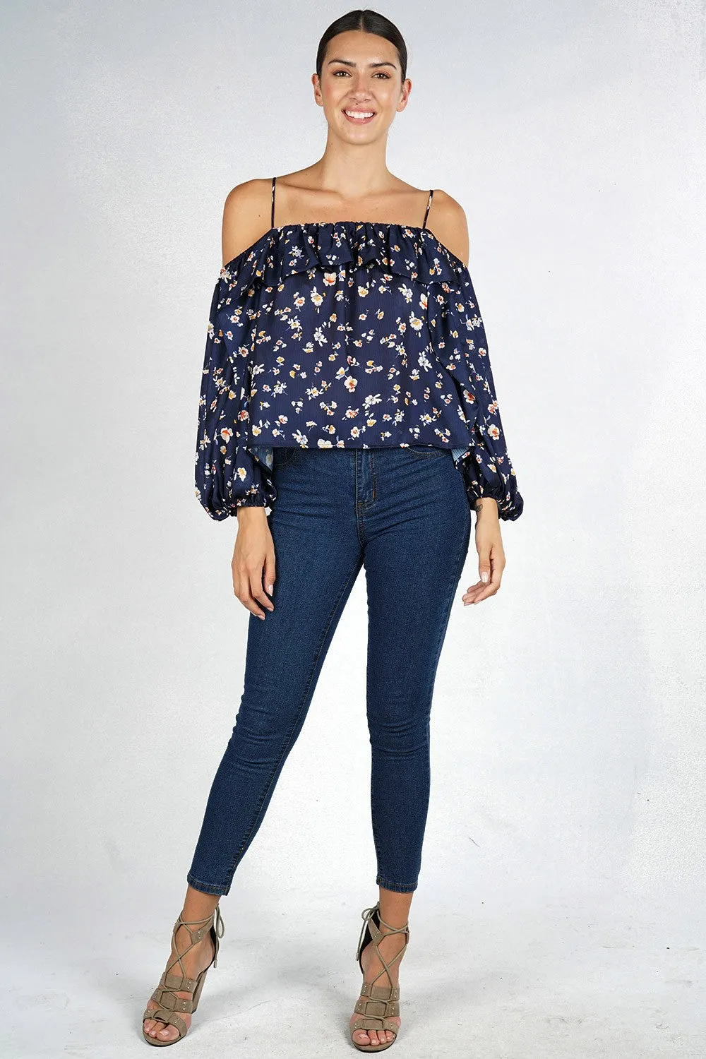 Floral Ruffle Cold Shoulder Flowy Top