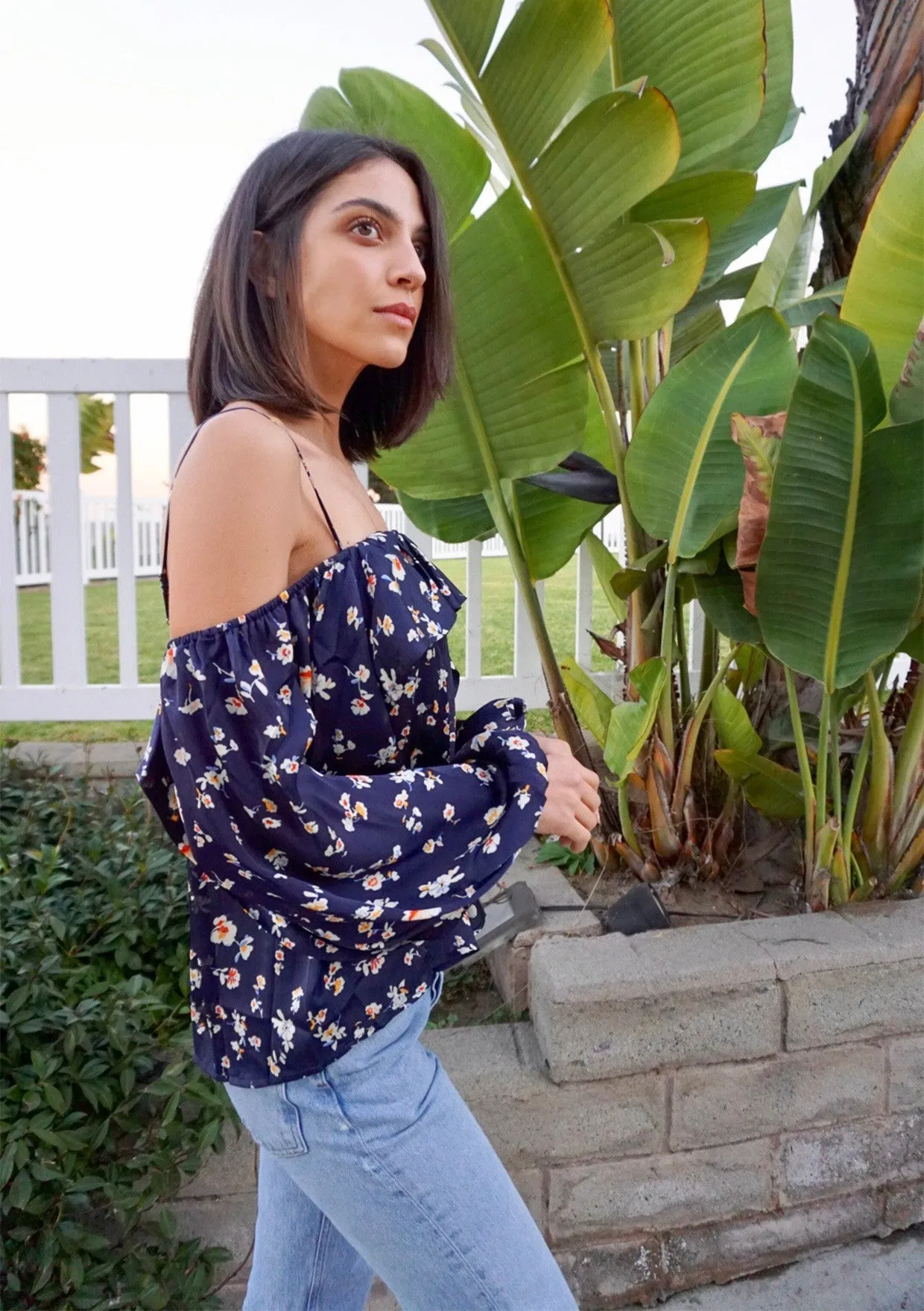 Floral Ruffle Cold Shoulder Flowy Top