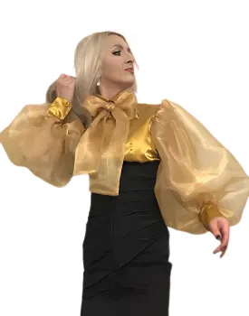 Gold Bow-Neck  Satin-Organza Balloon-Sleeved Blouse