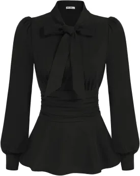 GRACE KARIN Women's 2025 Long Sleeve Peplum Dressy Shirt Office Bow Tie Work Blouses Tops Smocked Waist