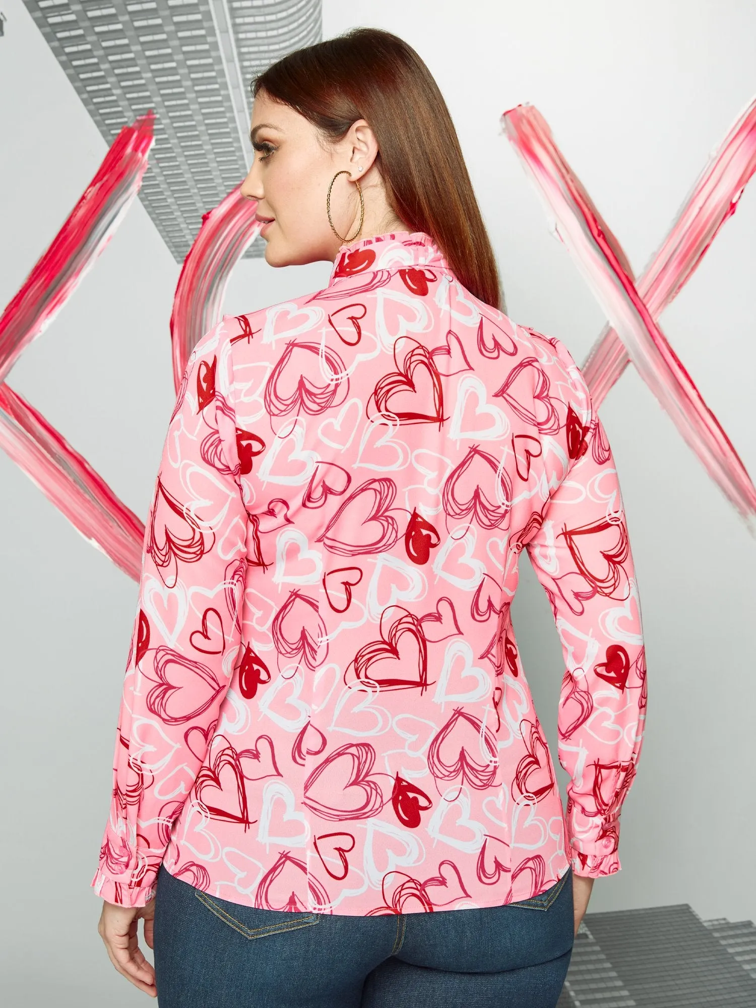 Heart-Print Bow-Front Blouse