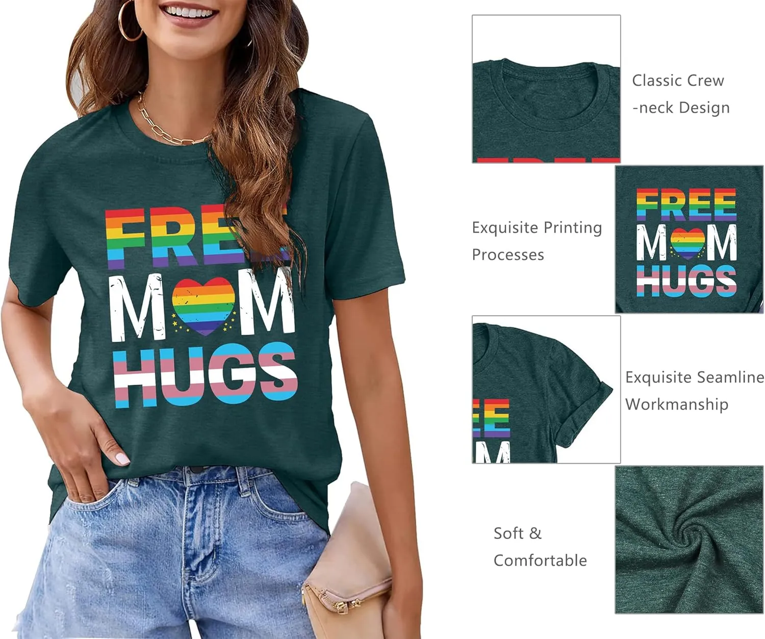hohololo Pride Shirts Women Rainbows Graphic Tees Shirts Free Mom Hugs T-Shirt LGBTQ Short Sleeve Tops