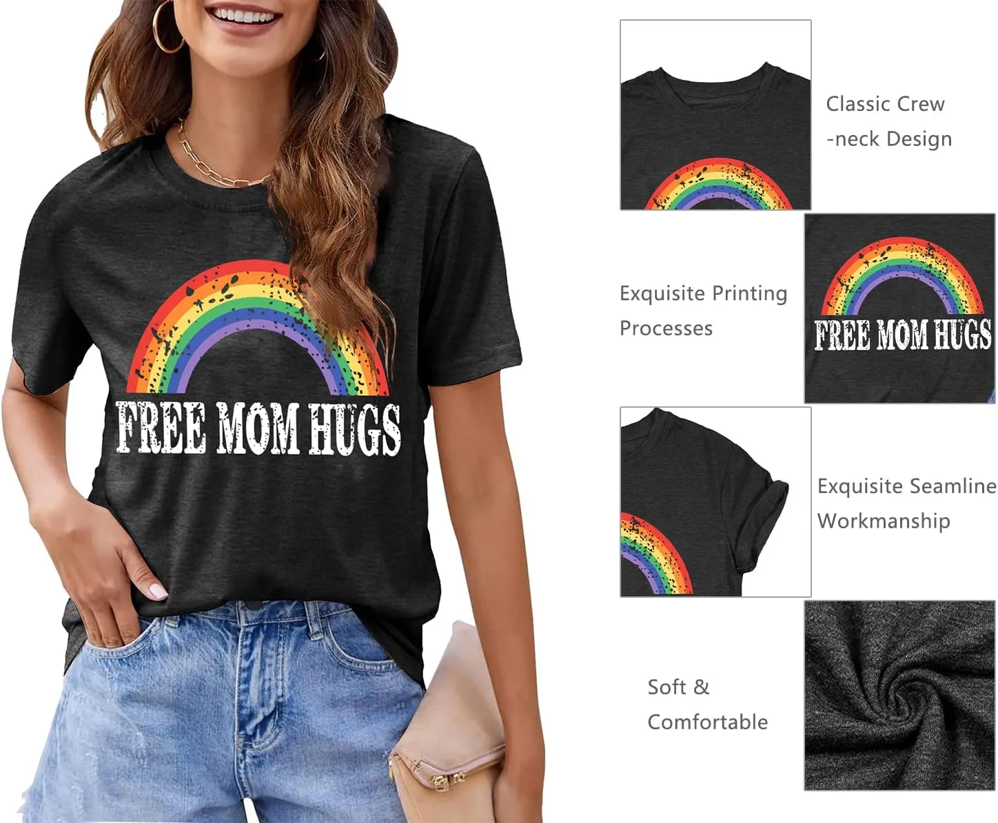 hohololo Pride Shirts Women Rainbows Graphic Tees Shirts Free Mom Hugs T-Shirt LGBTQ Short Sleeve Tops