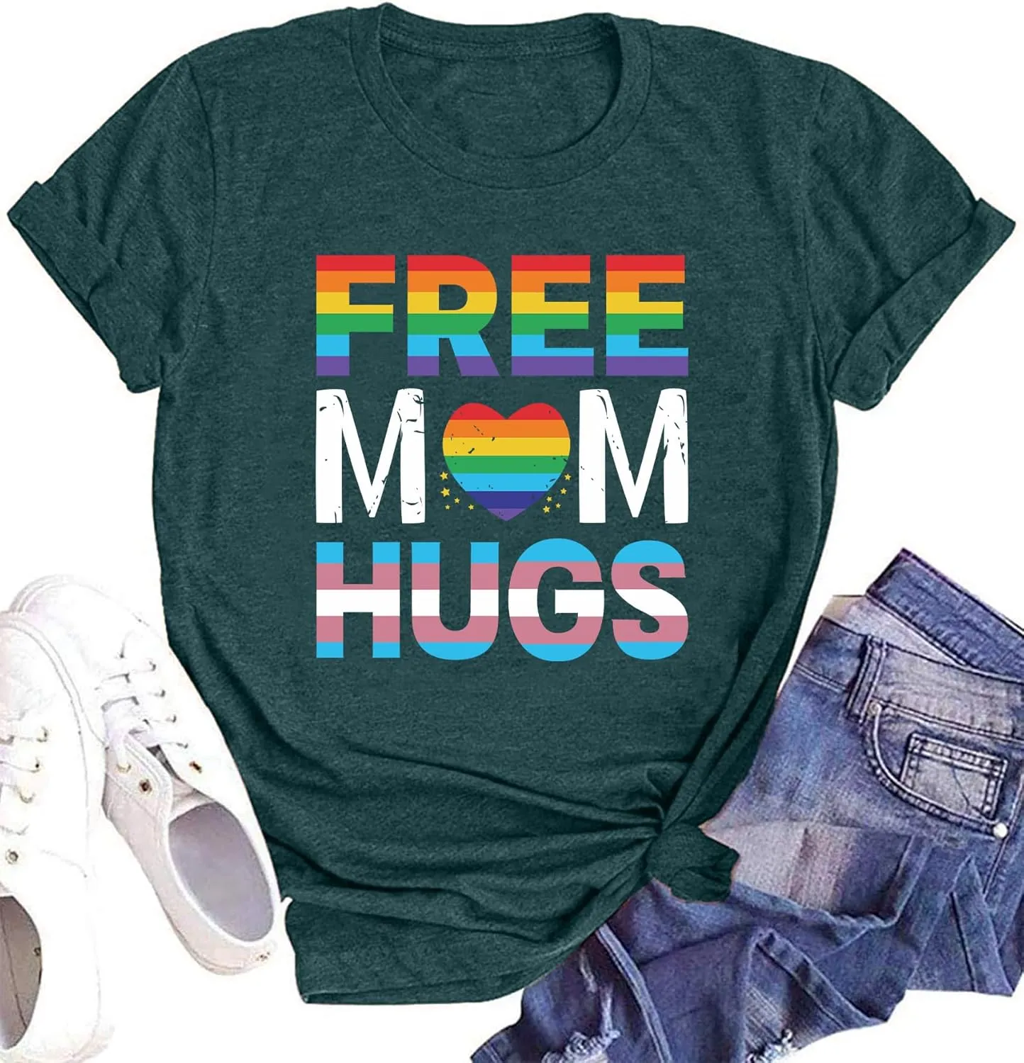 hohololo Pride Shirts Women Rainbows Graphic Tees Shirts Free Mom Hugs T-Shirt LGBTQ Short Sleeve Tops