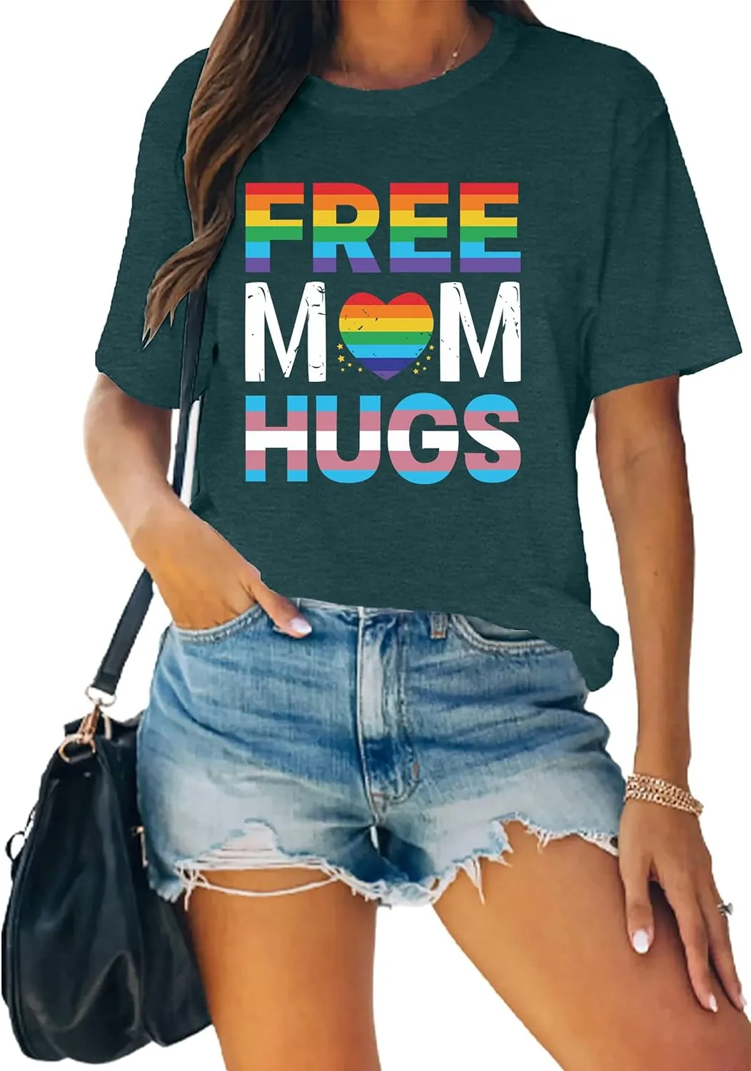 hohololo Pride Shirts Women Rainbows Graphic Tees Shirts Free Mom Hugs T-Shirt LGBTQ Short Sleeve Tops