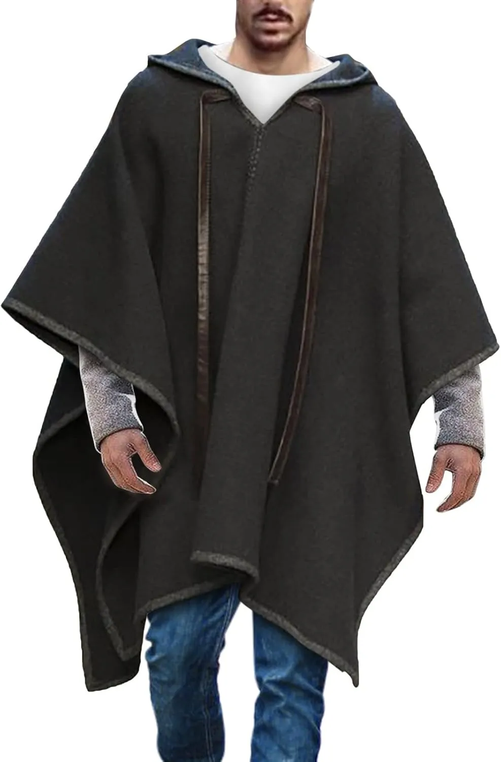 Hooded Cloak Coat for Men Wool Blend Drawstring Gothic Hoodies Long Cape Fall Winter Oversized Casual Loose Vintage Poncho