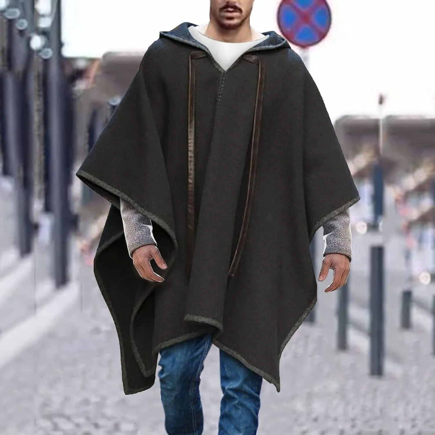 Hooded Cloak Coat for Men Wool Blend Drawstring Gothic Hoodies Long Cape Fall Winter Oversized Casual Loose Vintage Poncho