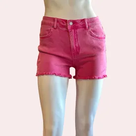 Hot pink acid washed frayed cutoff hem shorts