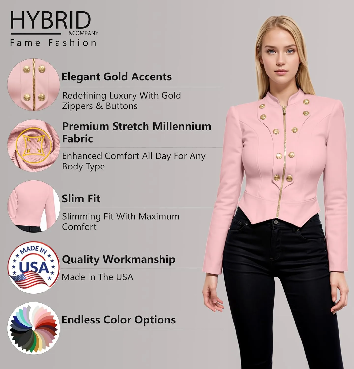 Hybrid & Company Women's Fashion Military Crop Premium Ultra Stretch Gold/Sliver Millennium Zipper Up Dressy Blazer Jacket