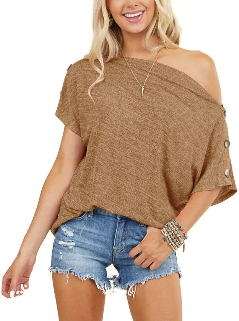INFITTY Womens Off Shoulder Tops Casual Summer Loose Button Down Short Sleeve Shirt Tunic Blouse