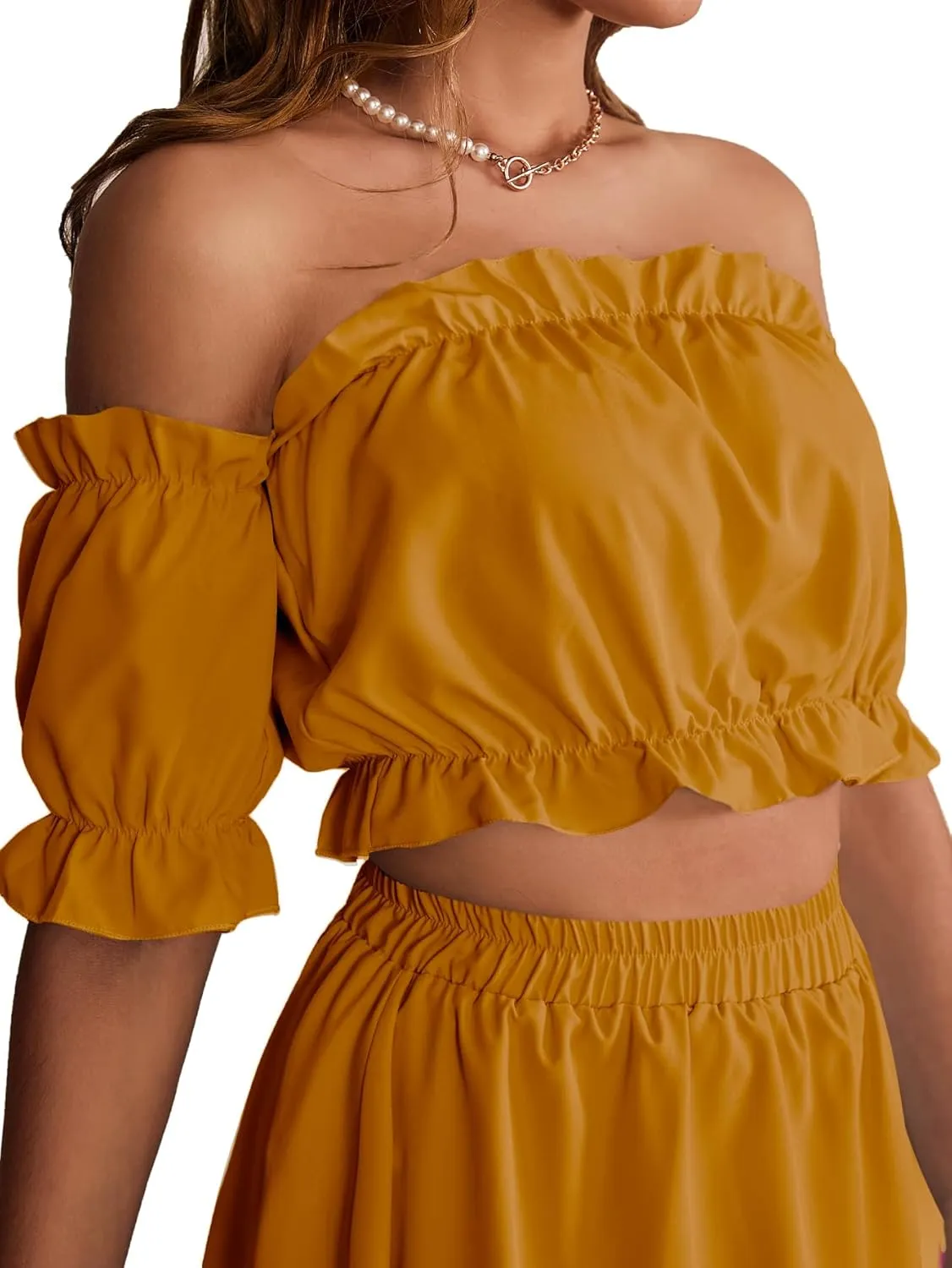 LYANER Women's Two Pieces Outfits Off Shoulder Crop Top and High Low Skirt Set