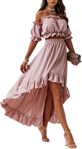 LYANER Women's Two Pieces Outfits Off Shoulder Crop Top and High Low Skirt Set