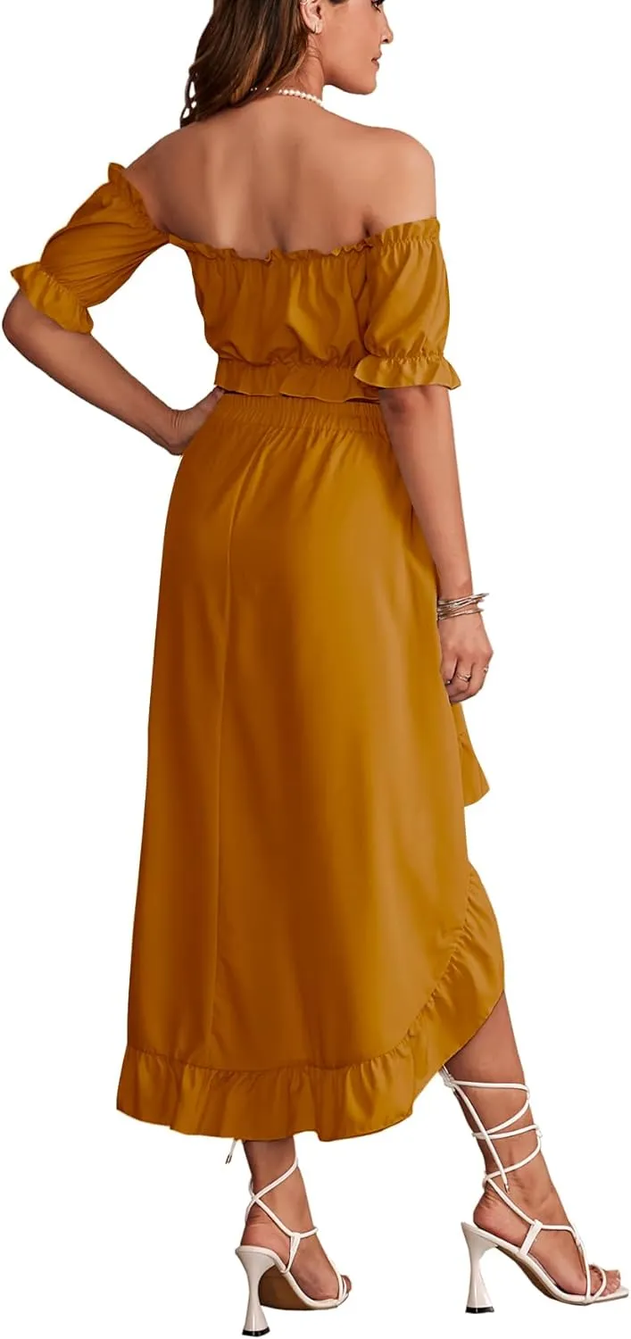 LYANER Women's Two Pieces Outfits Off Shoulder Crop Top and High Low Skirt Set