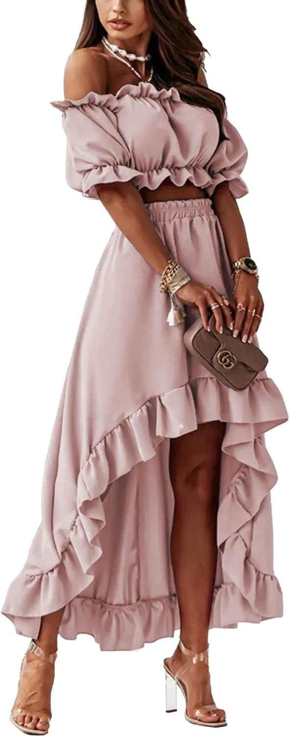 LYANER Women's Two Pieces Outfits Off Shoulder Crop Top and High Low Skirt Set