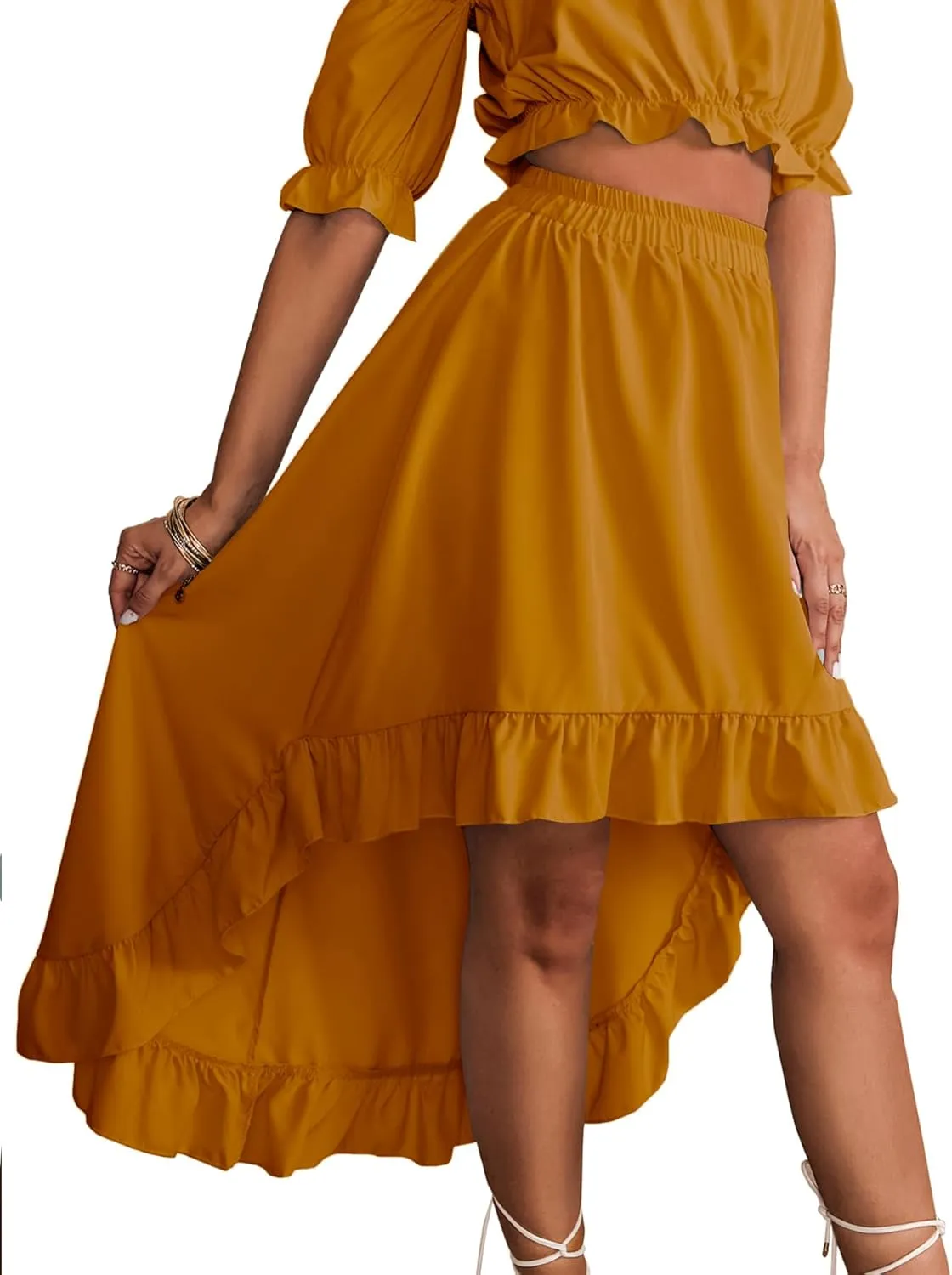 LYANER Women's Two Pieces Outfits Off Shoulder Crop Top and High Low Skirt Set