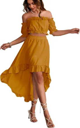 LYANER Women's Two Pieces Outfits Off Shoulder Crop Top and High Low Skirt Set
