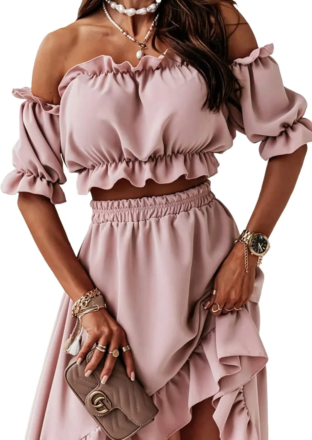 LYANER Women's Two Pieces Outfits Off Shoulder Crop Top and High Low Skirt Set