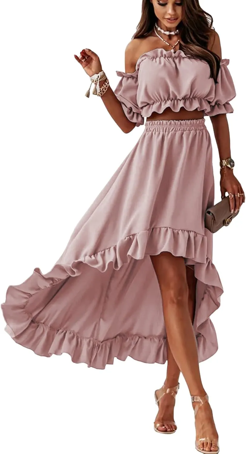 LYANER Women's Two Pieces Outfits Off Shoulder Crop Top and High Low Skirt Set
