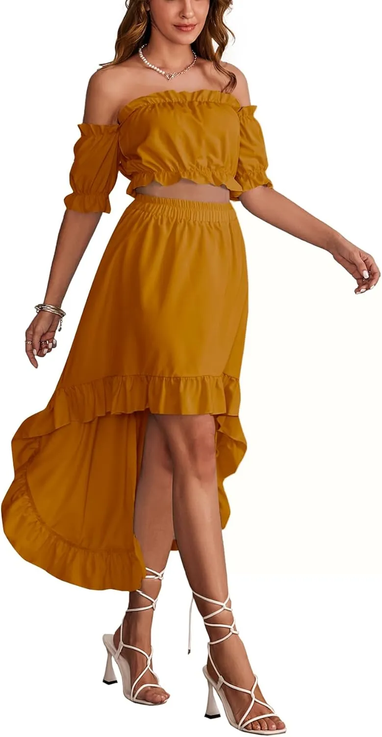 LYANER Women's Two Pieces Outfits Off Shoulder Crop Top and High Low Skirt Set