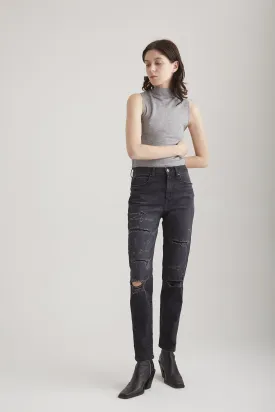 Lynn - Mid Waist 5 Pocket Mom Jeans - Black Destroyed
