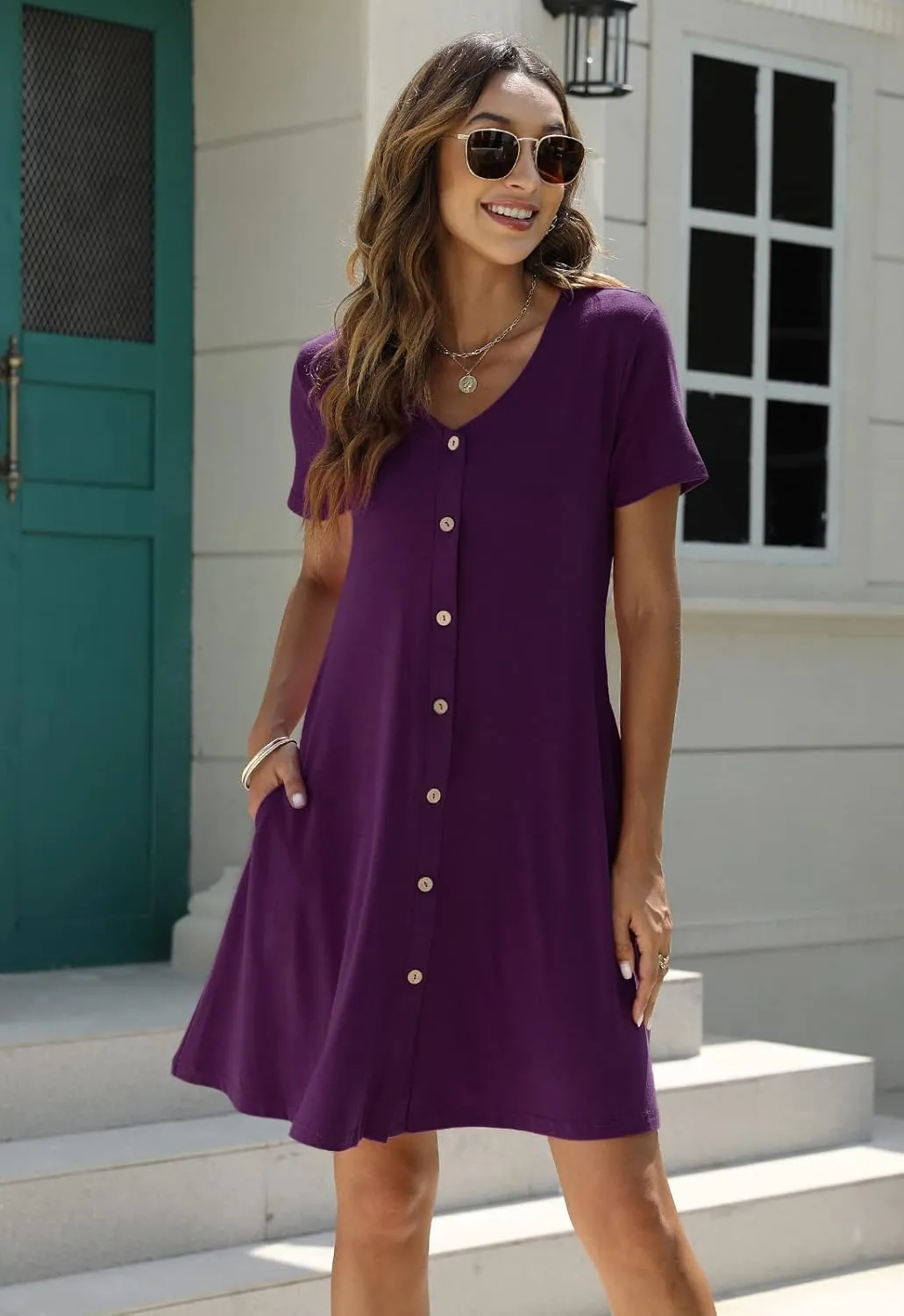 Manydress Women's Summer Casual T Shirt Dresses Short Sleeve Button Down Swing Dress with Pockets MY035