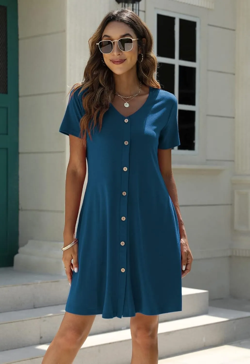 Manydress Women's Summer Casual T Shirt Dresses Short Sleeve Button Down Swing Dress with Pockets MY035