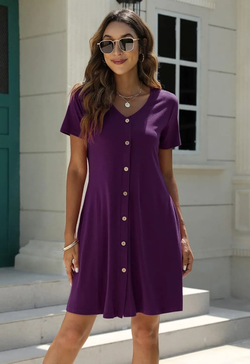 Manydress Women's Summer Casual T Shirt Dresses Short Sleeve Button Down Swing Dress with Pockets MY035