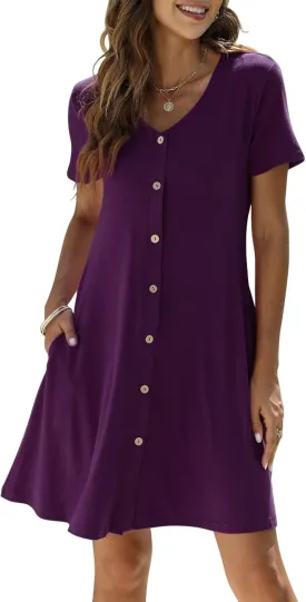 Manydress Women's Summer Casual T Shirt Dresses Short Sleeve Button Down Swing Dress with Pockets MY035