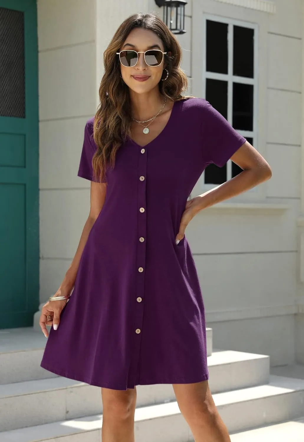 Manydress Women's Summer Casual T Shirt Dresses Short Sleeve Button Down Swing Dress with Pockets MY035