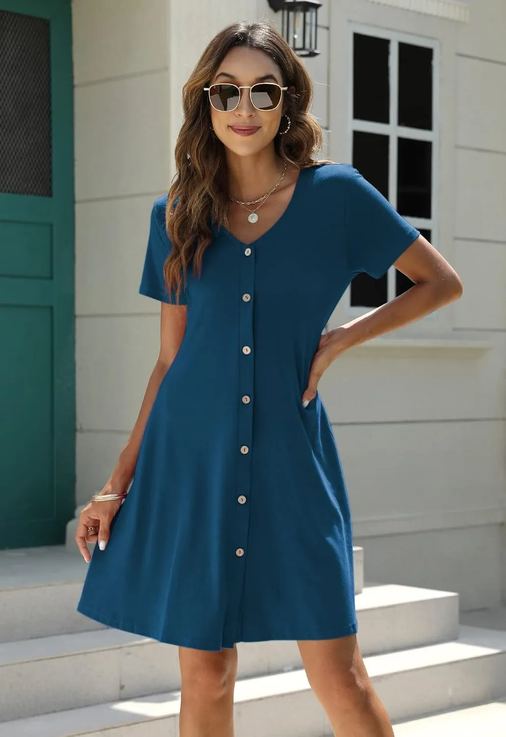 Manydress Women's Summer Casual T Shirt Dresses Short Sleeve Button Down Swing Dress with Pockets MY035
