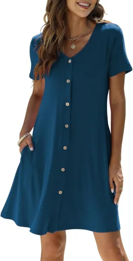 Manydress Women's Summer Casual T Shirt Dresses Short Sleeve Button Down Swing Dress with Pockets MY035