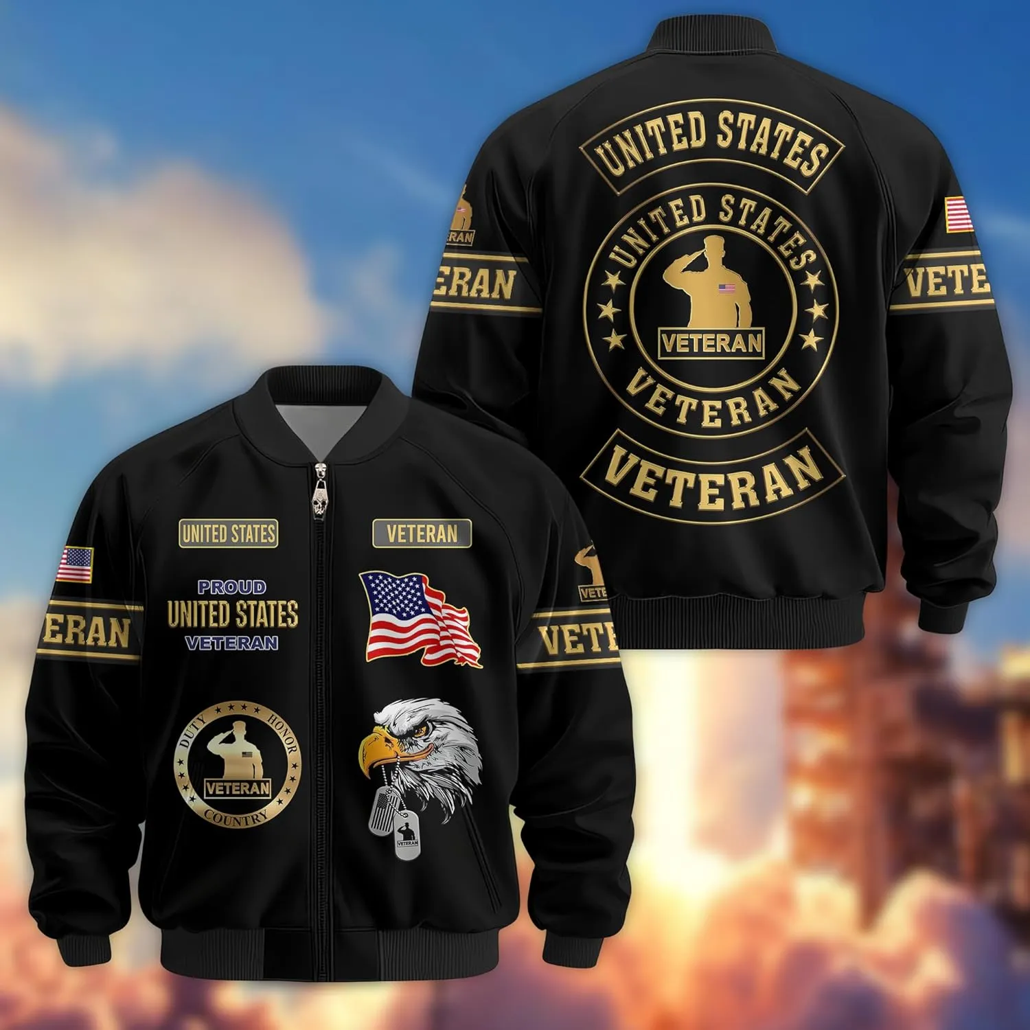 Mens Veteran Varsity Jacket, Durable Military Bomber Jacket with Patriotic Detailing  Top Military Gifts