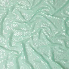 Mint green Premim pure silk chiffon fabric with silver jacquard in floral design-D15328