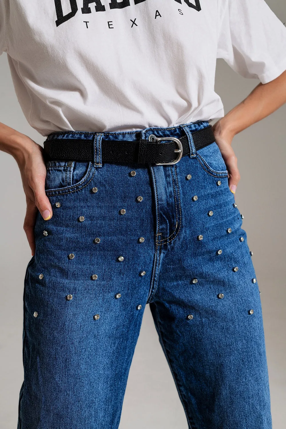 Mom Jeans With Embellished Details in Mid Blue Wash