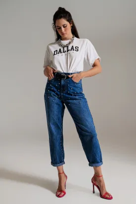Mom Jeans With Embellished Details in Mid Blue Wash