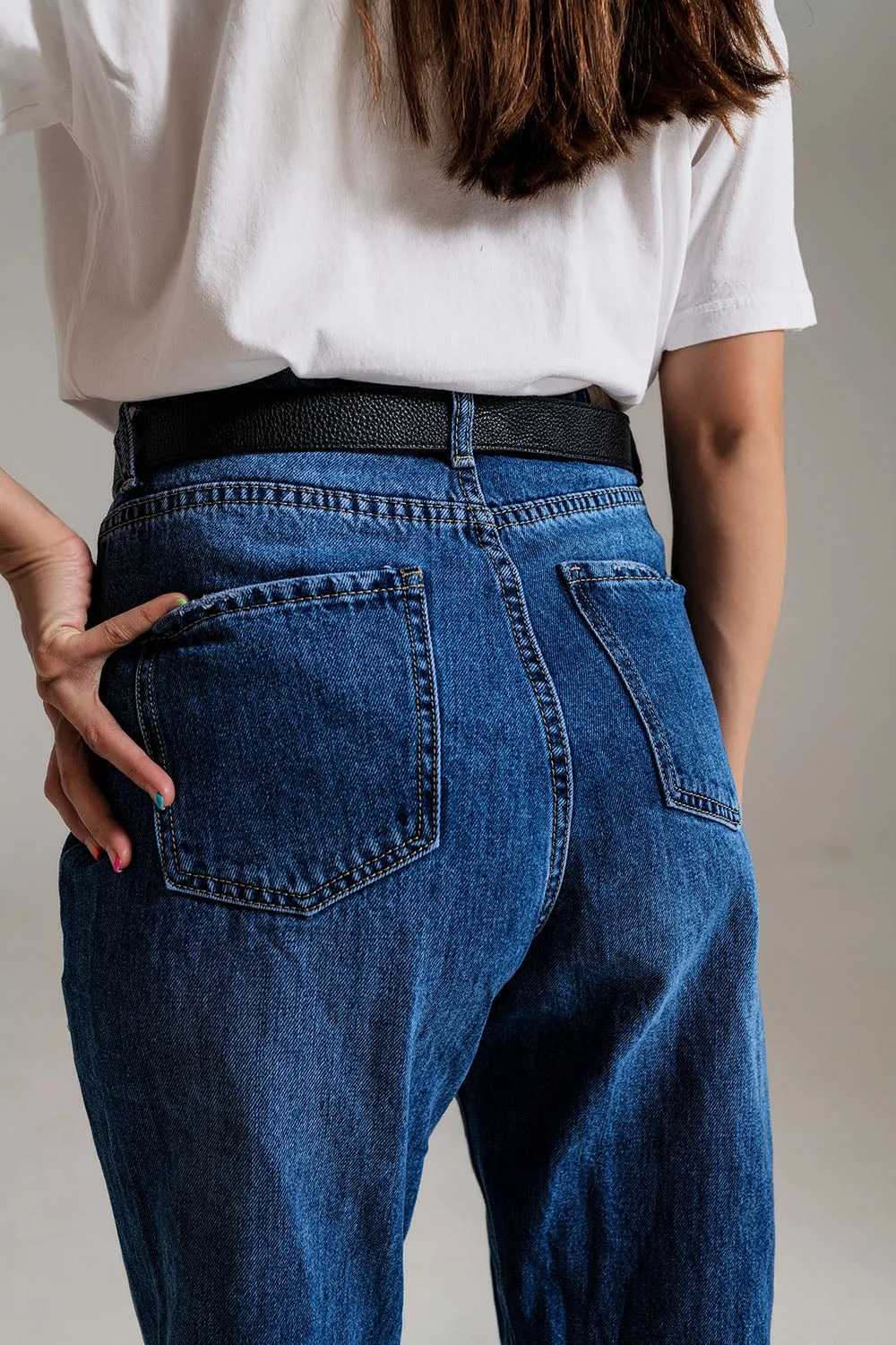 Mom Jeans With Embellished Details in Mid Blue Wash