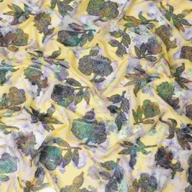 Mustard yellow premium pure silk chiffon fabric with multicolor print and multicolor metallic lurex in floral design-D9738